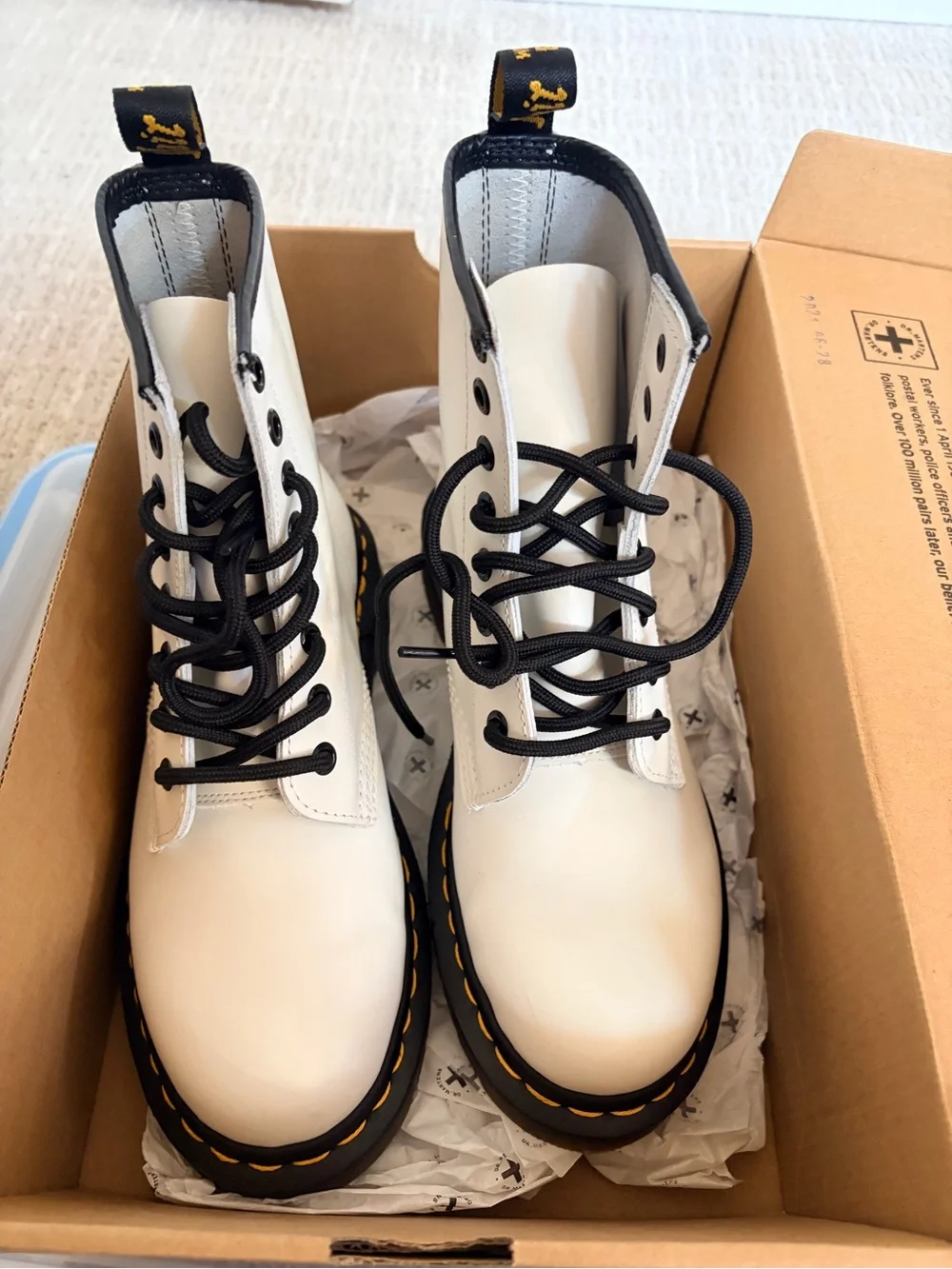 Dr. Martens White Leather 8-Eye Lace-Up Boots with Yellow Stitching